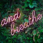neon sign that says "and breathe" placed in greenery