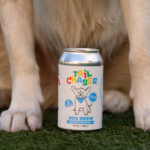 A can of dog brew is placed between a dog's front paws
